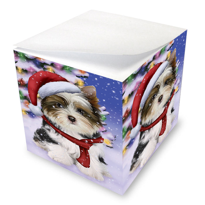 Winterland Wonderland Biewer Terrier Dog In Christmas Holiday Scenic Background Note Cube NOC55383