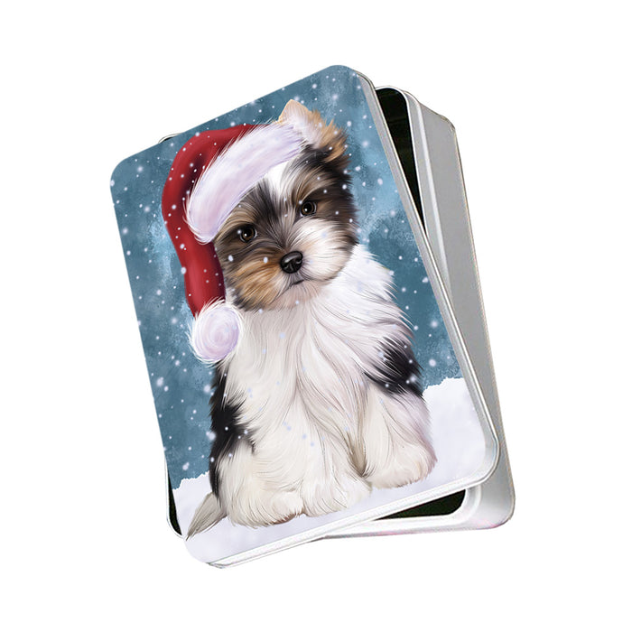Let it Snow Christmas Holiday Biewer Terrier Dog Wearing Santa Hat Photo Storage Tin PITN54224