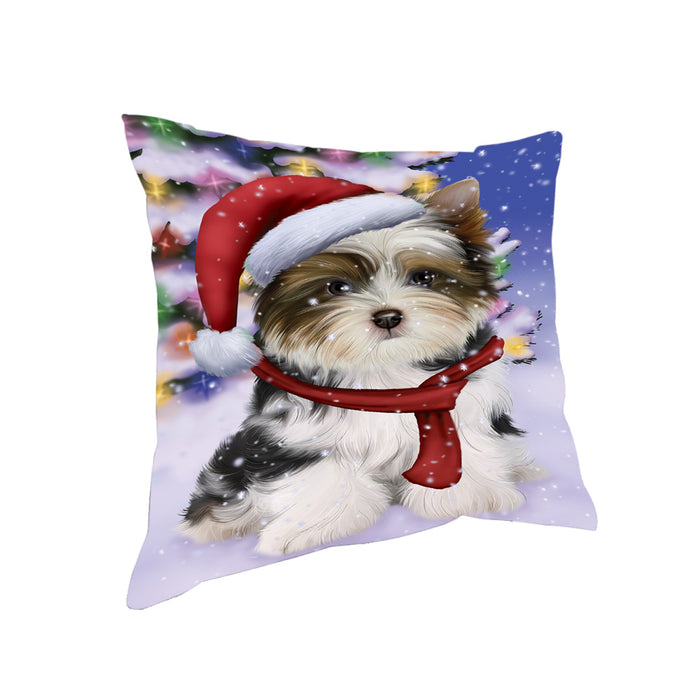 Winterland Wonderland Biewer Terrier Dog In Christmas Holiday Scenic Background Pillow PIL71572