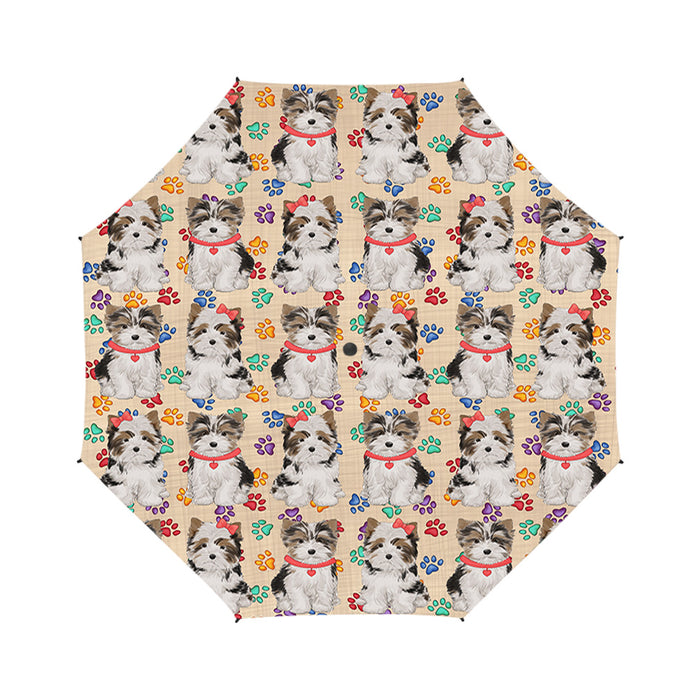 Rainbow Paw Print Biewer Dogs Red Semi-Automatic Foldable Umbrella