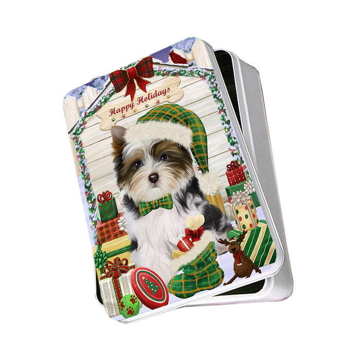 Happy Holidays Christmas Biewer Terrier Dog With Presents Photo Storage Tin PITN52635