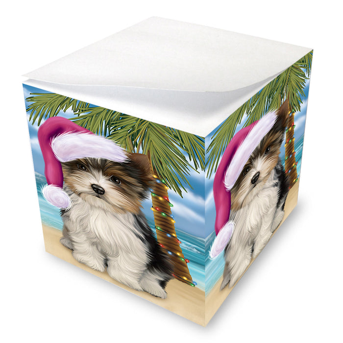 Summertime Happy Holidays Christmas Biewer Terrier Dog on Tropical Island Beach Note Cube NOC56057