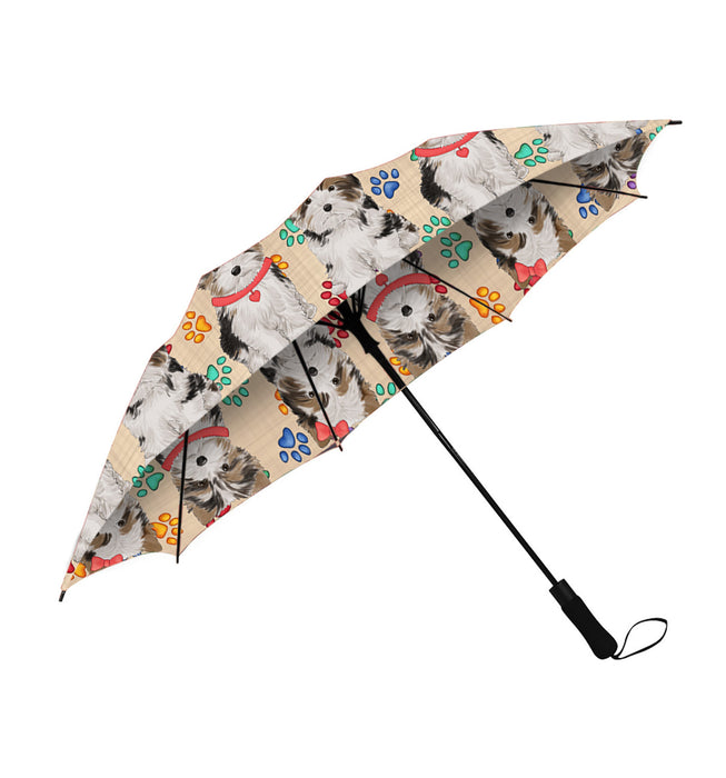 Rainbow Paw Print Biewer Dogs Red Semi-Automatic Foldable Umbrella