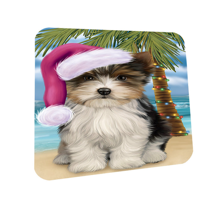 Summertime Happy Holidays Christmas Biewer Terrier Dog on Tropical Island Beach Coasters Set of 4 CST54369