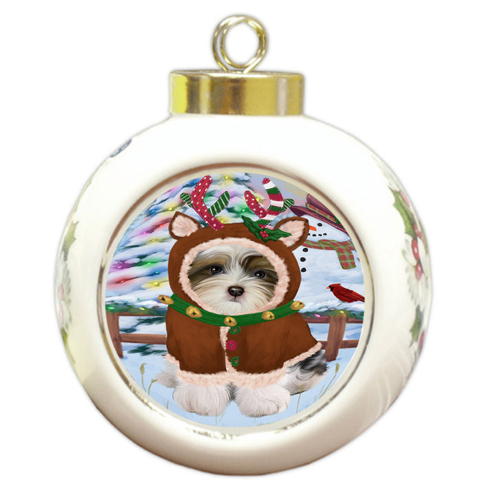 Christmas Gingerbread House Candyfest Biewer Terrier Dog Round Ball Christmas Ornament RBPOR56545