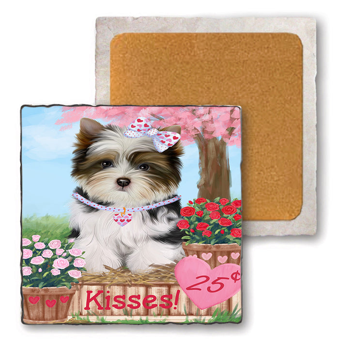 Rosie 25 Cent Kisses Biewer Terrier Dog Set of 4 Natural Stone Marble Tile Coasters MCST50931