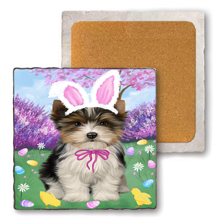 Easter Holiday Biewer Terrier Dog Set of 4 Natural Stone Marble Tile Coasters MCST51880