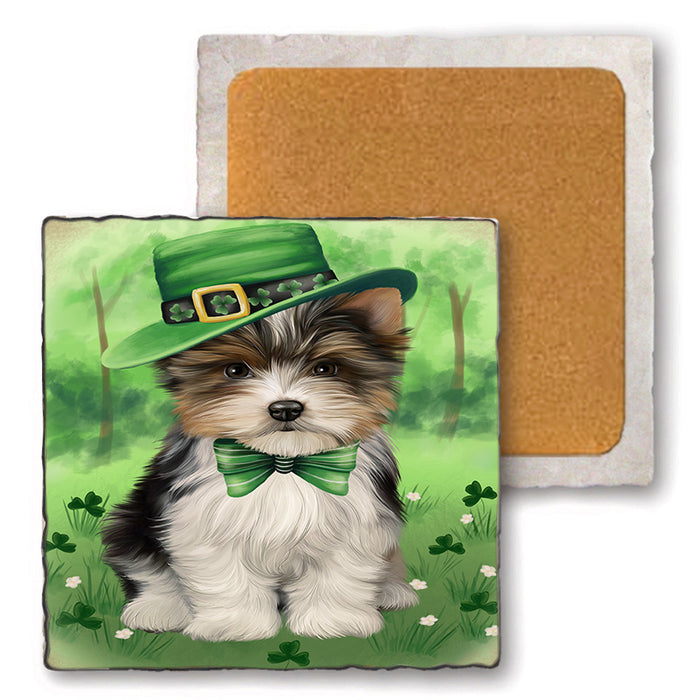 St. Patricks Day Irish Portrait Biewer Terrier Dog Set of 4 Natural Stone Marble Tile Coasters MCST51984