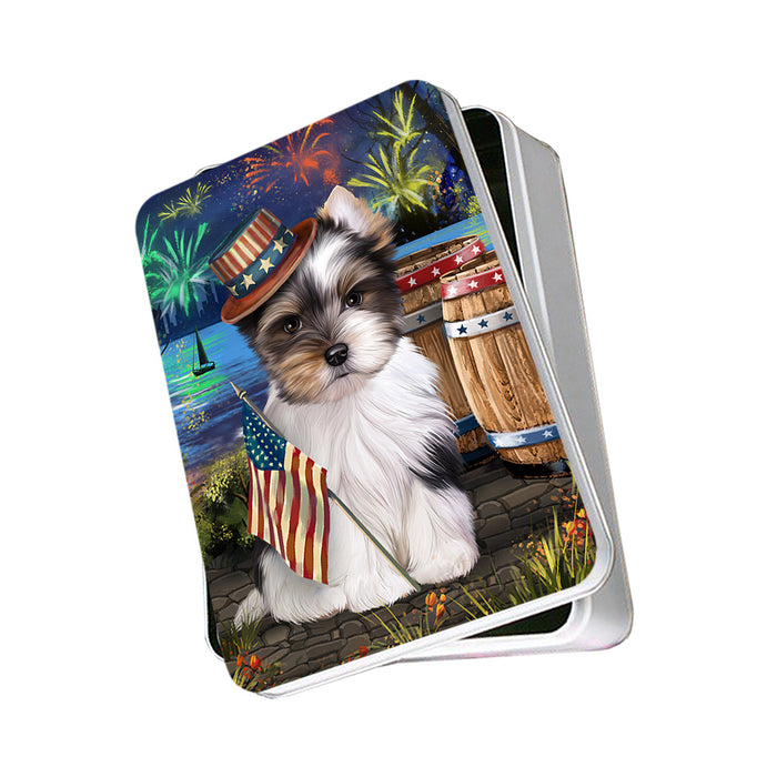 4th of July Independence Day Fireworks Biewer Terrier Dog at the Lake Photo Storage Tin PITN51095