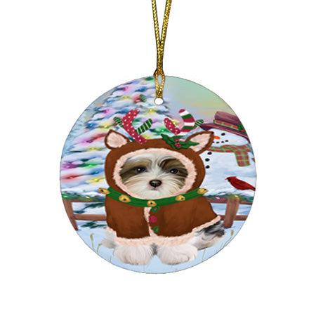 Christmas Gingerbread House Candyfest Biewer Terrier Dog Round Flat Christmas Ornament RFPOR56545