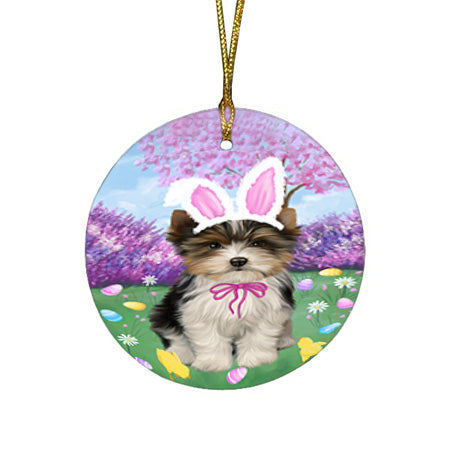 Easter Holiday Biewer Terrier Dog Round Flat Christmas Ornament RFPOR57281