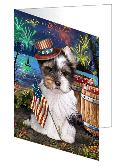 4th of July Independence Day Fireworks Biewer Terrier Dog at the Lake Handmade Artwork Assorted Pets Greeting Cards and Note Cards with Envelopes for All Occasions and Holiday Seasons GCD57314