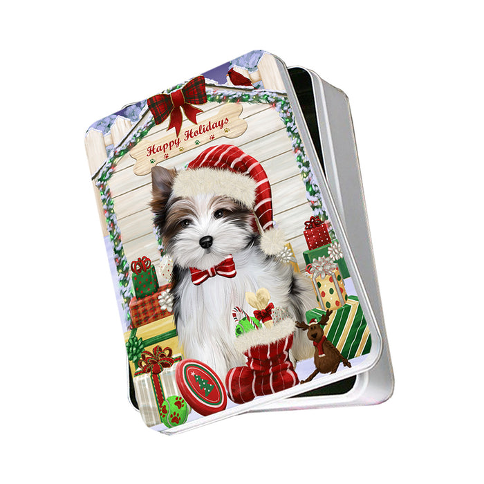 Happy Holidays Christmas Biewer Terrier Dog With Presents Photo Storage Tin PITN52636