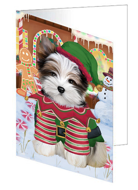 Christmas Gingerbread House Candyfest Biewer Terrier Dog Handmade Artwork Assorted Pets Greeting Cards and Note Cards with Envelopes for All Occasions and Holiday Seasons GCD73085