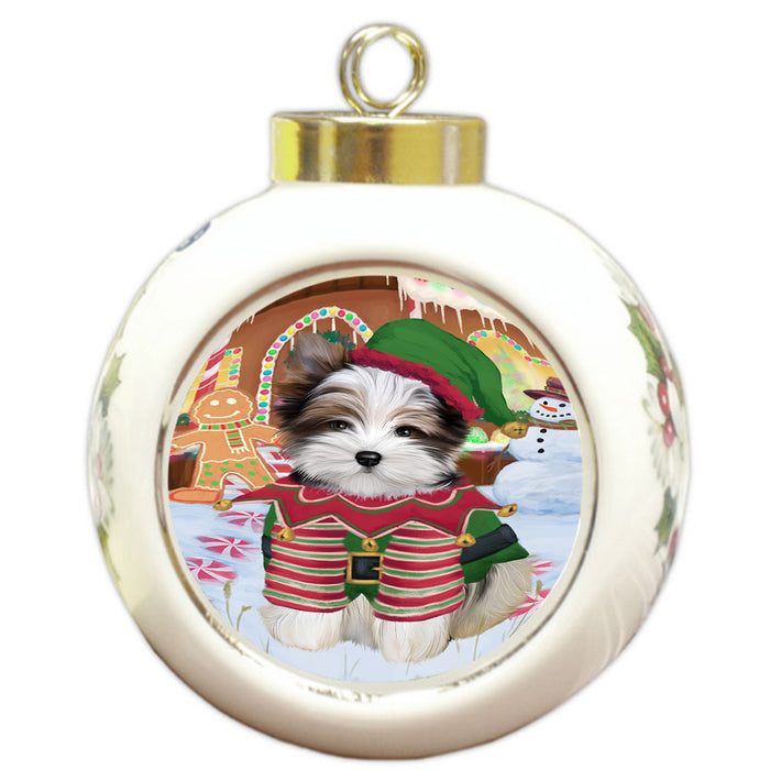 Christmas Gingerbread House Candyfest Biewer Terrier Dog Round Ball Christmas Ornament RBPOR56546