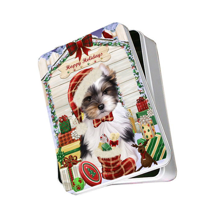 Happy Holidays Christmas Biewer Terrier Dog With Presents Photo Storage Tin PITN52637
