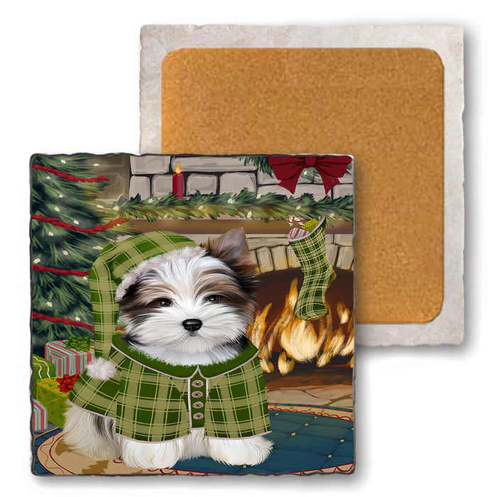 The Stocking was Hung Biewer Terrier Dog Set of 4 Natural Stone Marble Tile Coasters MCST50219