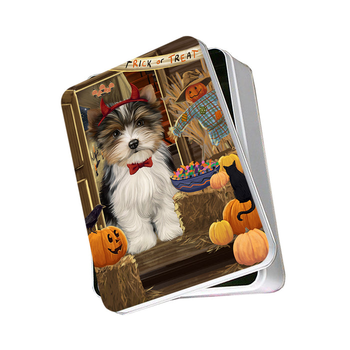 Enter at Own Risk Trick or Treat Halloween Biewer Terrier Dog Photo Storage Tin PITN53012