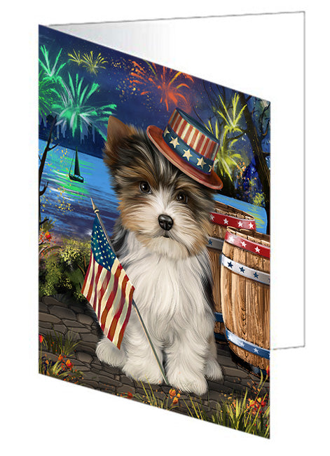 4th of July Independence Day Fireworks Biewer Terrier Dog at the Lake Handmade Artwork Assorted Pets Greeting Cards and Note Cards with Envelopes for All Occasions and Holiday Seasons GCD57317