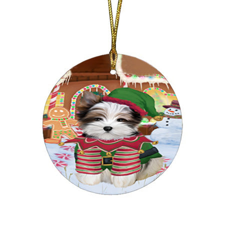 Christmas Gingerbread House Candyfest Biewer Terrier Dog Round Flat Christmas Ornament RFPOR56546