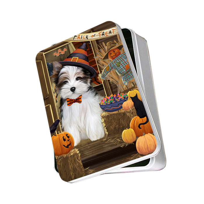 Enter at Own Risk Trick or Treat Halloween Biewer Terrier Dog Photo Storage Tin PITN53013