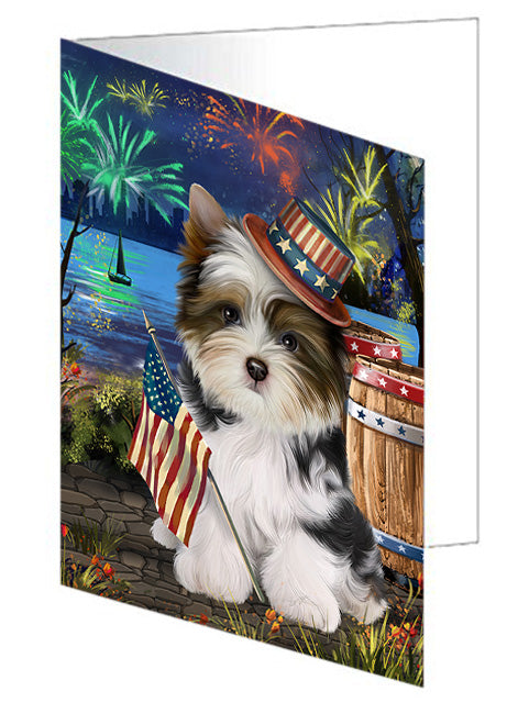 4th of July Independence Day Fireworks Biewer Terrier Dog at the Lake Handmade Artwork Assorted Pets Greeting Cards and Note Cards with Envelopes for All Occasions and Holiday Seasons GCD57320