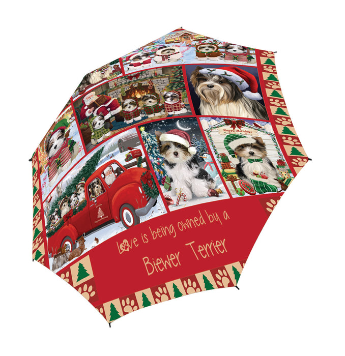 Love is Being Owned Christmas Biewer Terrier Dogs Semi-Automatic Foldable Umbrella
