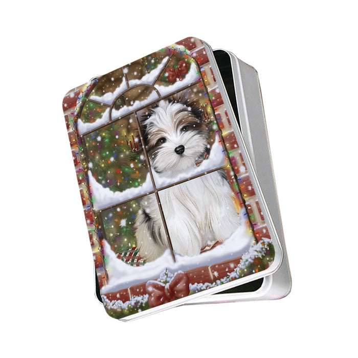 Please Come Home For Christmas Biewer Terrier Dog Sitting In Window Photo Storage Tin PITN57531