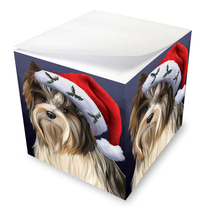 Christmas Holidays Biewer Terrier Dog Wearing Santa Hat Portrait Head Note Cube NOC55137