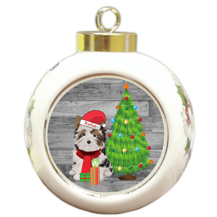 Custom Personalized Biewer Terrier Dog With Tree and Presents Christmas Round Ball Ornament