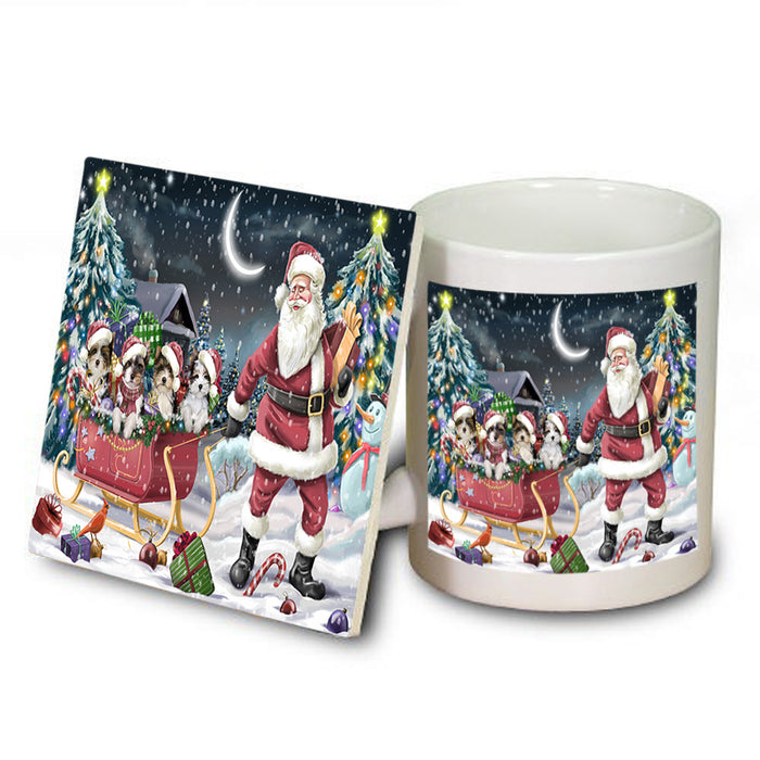 Santa Sled Dogs Christmas Happy Holidays Biewer Terriers Dog Mug and Coaster Set MUC51706