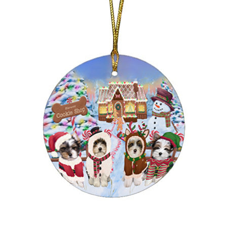 Holiday Gingerbread Cookie Shop Biewer Terriers Dog Round Flat Christmas Ornament RFPOR56464