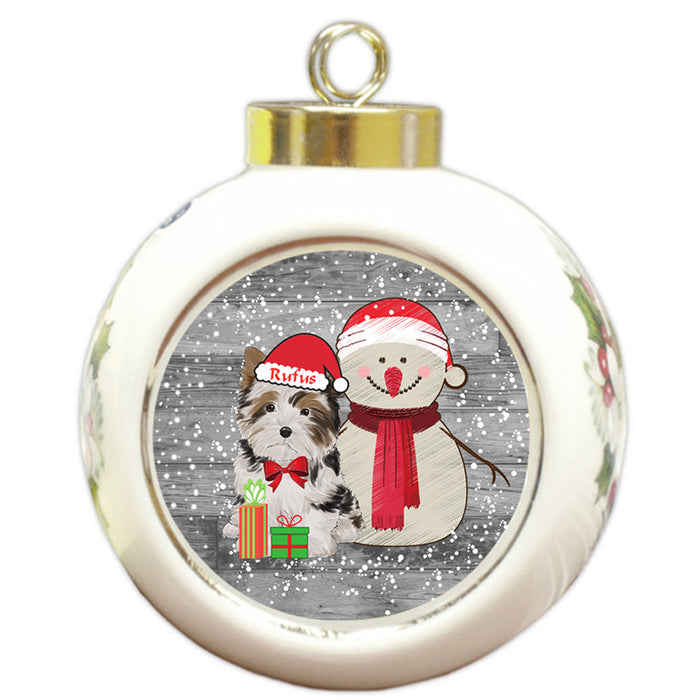 Custom Personalized Snowy Snowman and Biewer Terrier Dog Christmas Round Ball Ornament