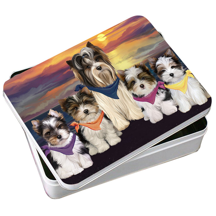 Family Sunset Portrait Biewer Terriers Dog Photo Storage Tin PITN52480
