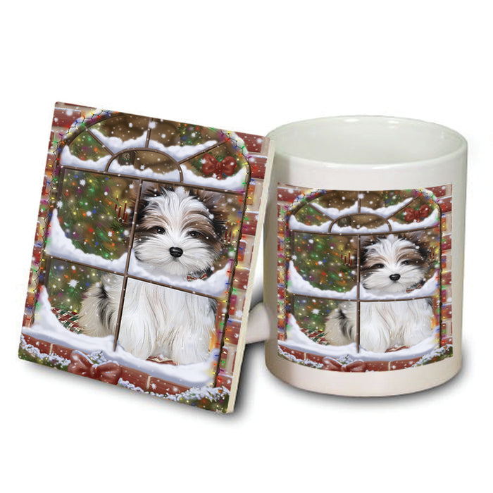 Please Come Home For Christmas Biewer Terrier Dog Sitting In Window Mug and Coaster Set MUC53609