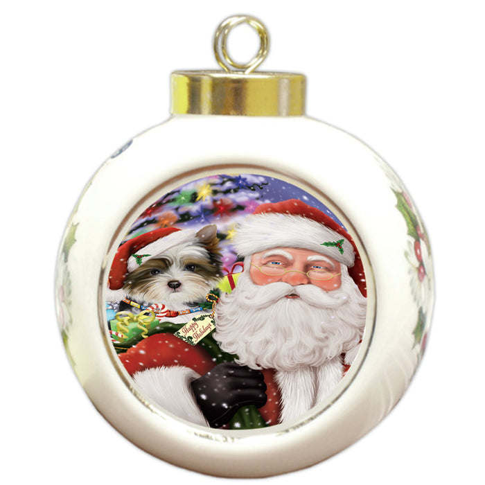 Santa Carrying Biewer Terrier Dog and Christmas Presents Round Ball Christmas Ornament RBPOR53674