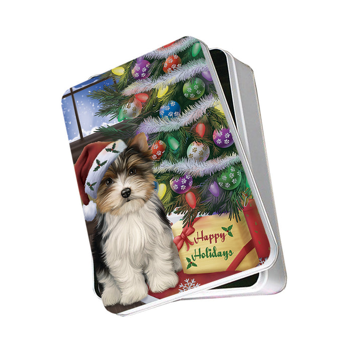 Christmas Happy Holidays Biewer Terrier Dog with Tree and Presents Photo Storage Tin PITN53443