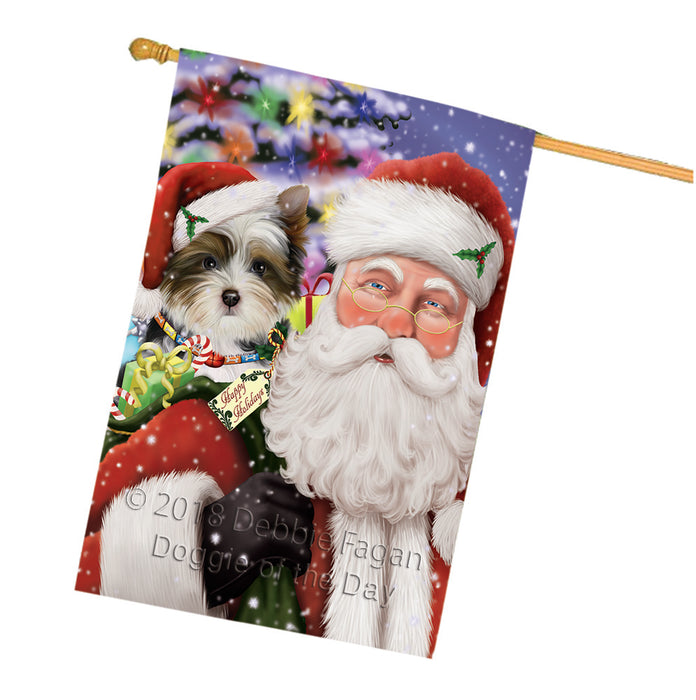 Santa Carrying Biewer Terrier Dog and Christmas Presents House Flag FLG53872