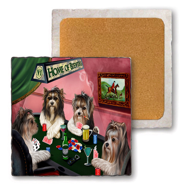 Home of Biewer Terrier 4 Dogs Playing Poker Set of 4 Natural Stone Marble Tile Coasters MCST49345