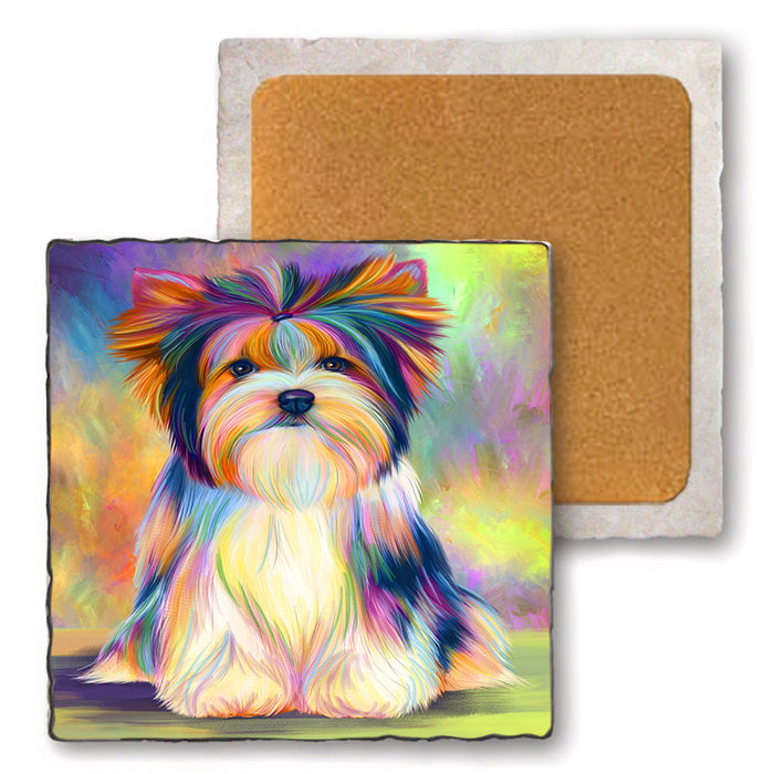 Paradise Wave Biewer Terrier Dog Set of 4 Natural Stone Marble Tile Coasters MCST51058