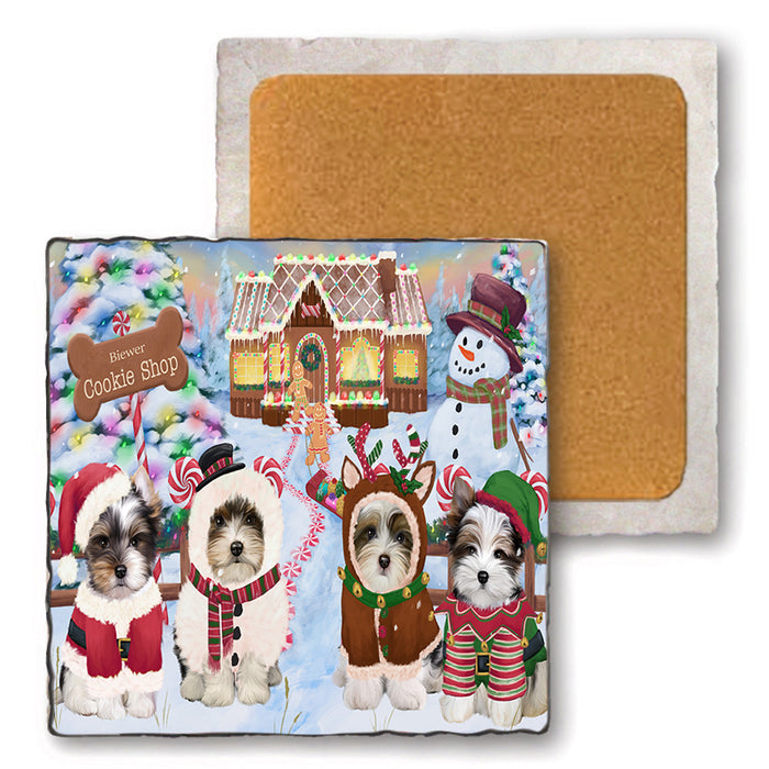 Holiday Gingerbread Cookie Shop Biewer Terriers Dog Set of 4 Natural Stone Marble Tile Coasters MCST51108