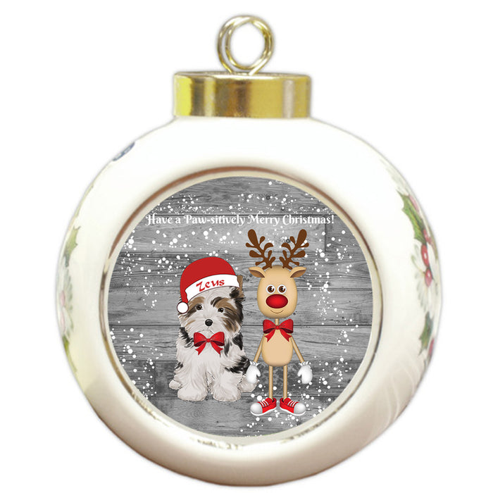 Custom Personalized Biewer Terrier Dog Reindeer and Pooch Christmas Round Ball Ornament