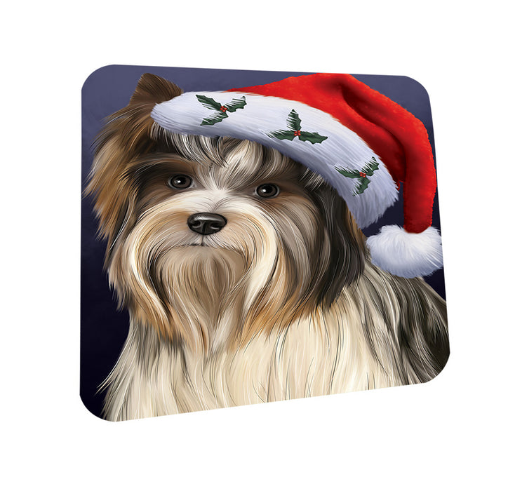 Christmas Holidays Biewer Terrier Dog Wearing Santa Hat Portrait Head Coasters Set of 4 CST53449