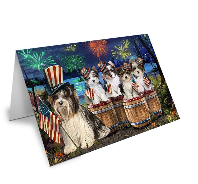 4th of July Independence Day Fireworks Biewer Terriers at the Lake Handmade Artwork Assorted Pets Greeting Cards and Note Cards with Envelopes for All Occasions and Holiday Seasons GCD57074