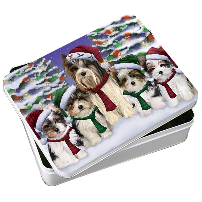Biewer Terriers Dog Christmas Family Portrait in Holiday Scenic Background Photo Storage Tin PITN52707