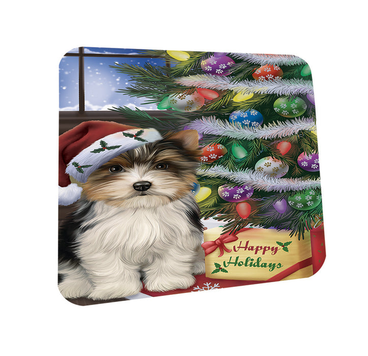 Christmas Happy Holidays Biewer Terrier Dog with Tree and Presents Coasters Set of 4 CST53401