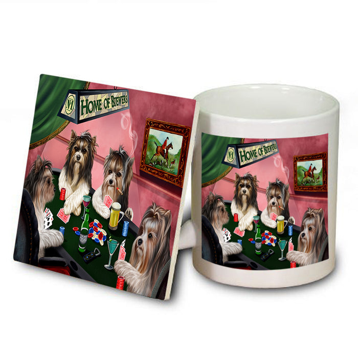 Home of Biewer Terrier 4 Dogs Playing Poker Mug and Coaster Set MUC54337