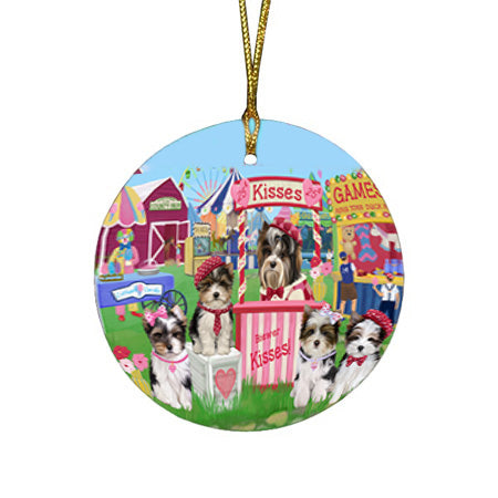 Carnival Kissing Booth Biewer Terriers Dog Round Flat Christmas Ornament RFPOR56249