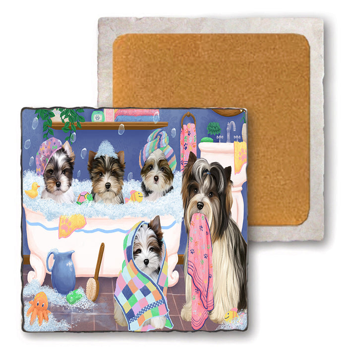 Rub A Dub Dogs In A Tub Biewer Terriers Dog Set of 4 Natural Stone Marble Tile Coasters MCST51766