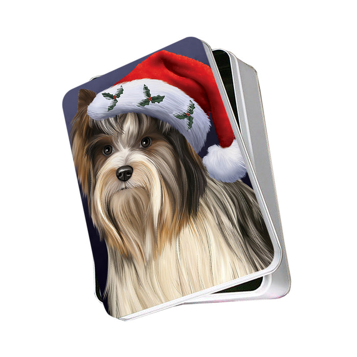 Christmas Holidays Biewer Terrier Dog Wearing Santa Hat Portrait Head Photo Storage Tin PITN53491